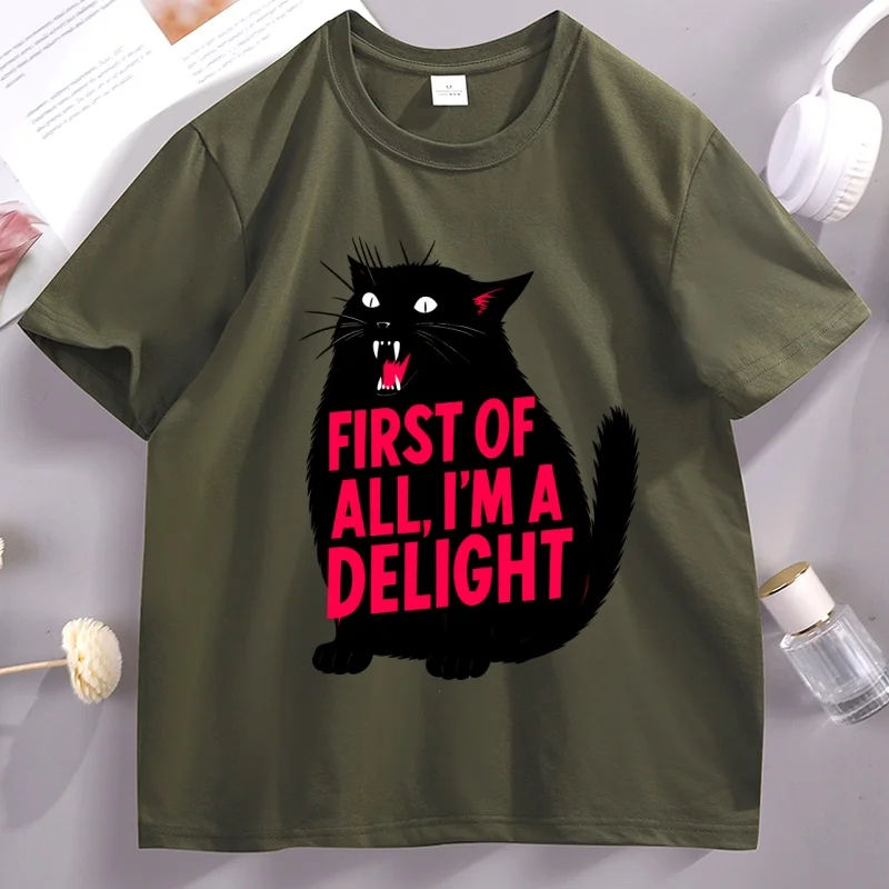 First of All I'm A Delight T-Shirt Funny Cat Tshirt Cotton Short Sleeve Round Neck Tee Animal Catlover Tee Humor Graphic T-Shirt