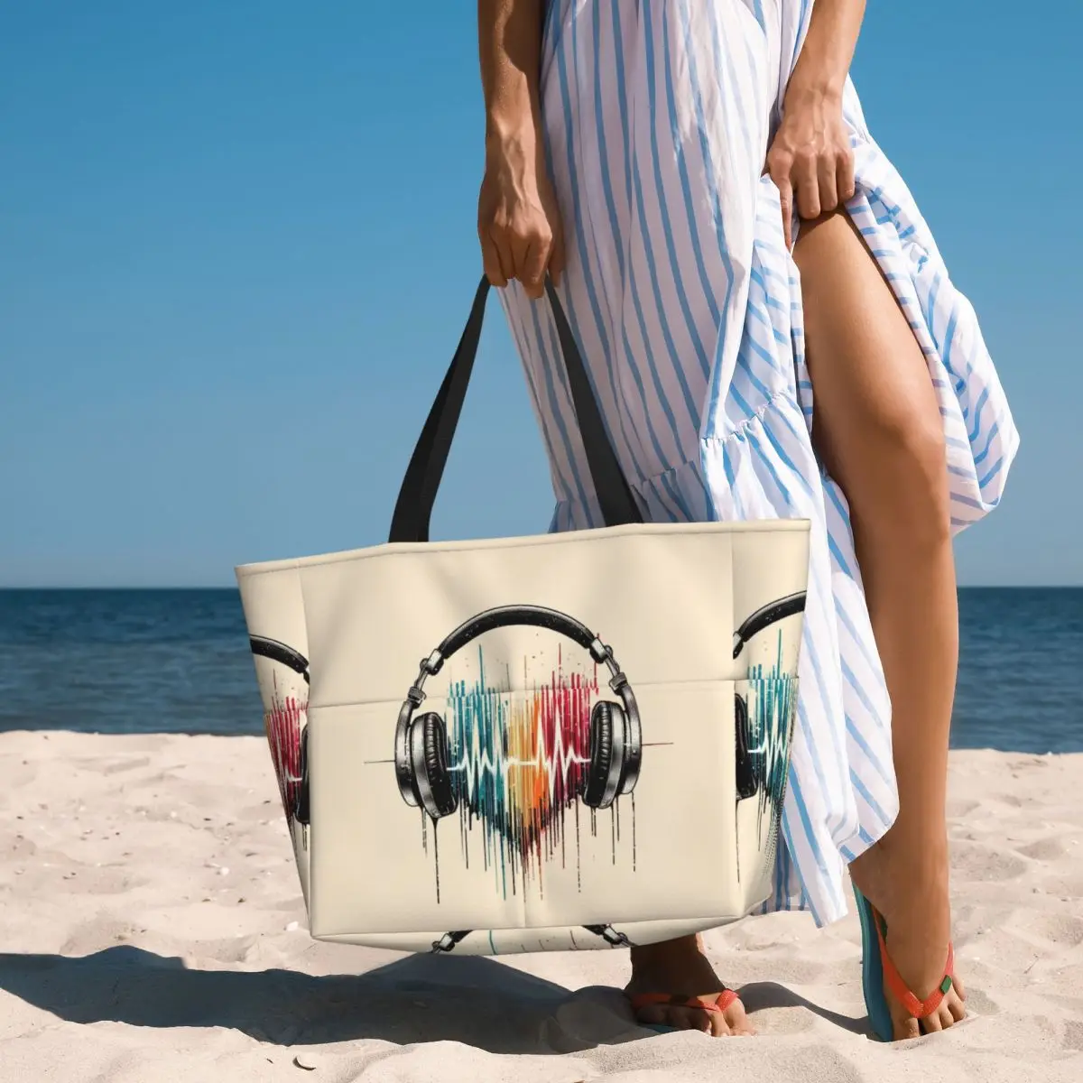 Nota musical en forma de corazón con auriculares, bolso de playa, deporte, gimnasio, Yoga, bolso de mano grande, bolso de viaje para mujer, bolso de Fitness