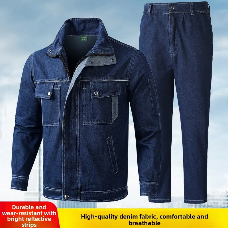 

Утолщенный рабочий костюм из чистого хлопка для мужчин: весенне-осенняя джинсовая спецодежда для дуговой сварки, защитная одежда для работы на открытом воздухе, антистатическая.