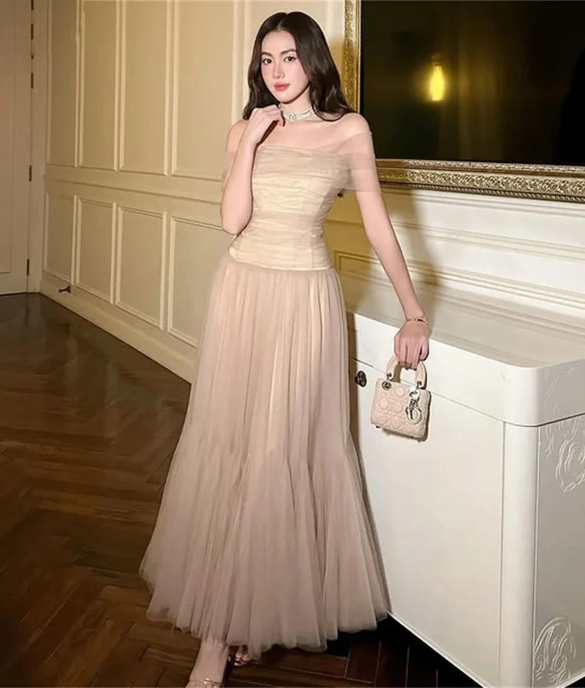 

Customized Sexy Tulle A-Line Off the Shoulder Evening Dress High Quality Boat Neck Short Sleeves Floor Length Prom Gowns