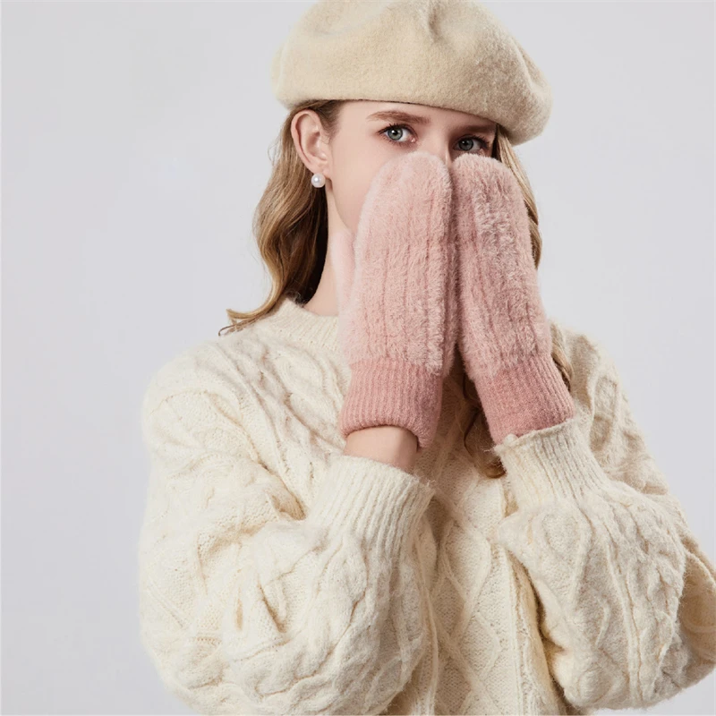 Guantes de piel de visón de imitación de doble capa para mujer, manoplas cálidas y gruesas suaves de felpa coreana de Color sólido con todos los dedos para invierno