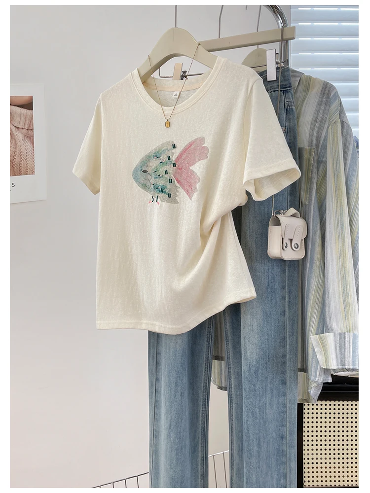 Casual round Neck Short Sleeve T-Shirt Watercolor Fish Print Embroidery Atmosphere Feeling Commute Style Cotton Blend Top