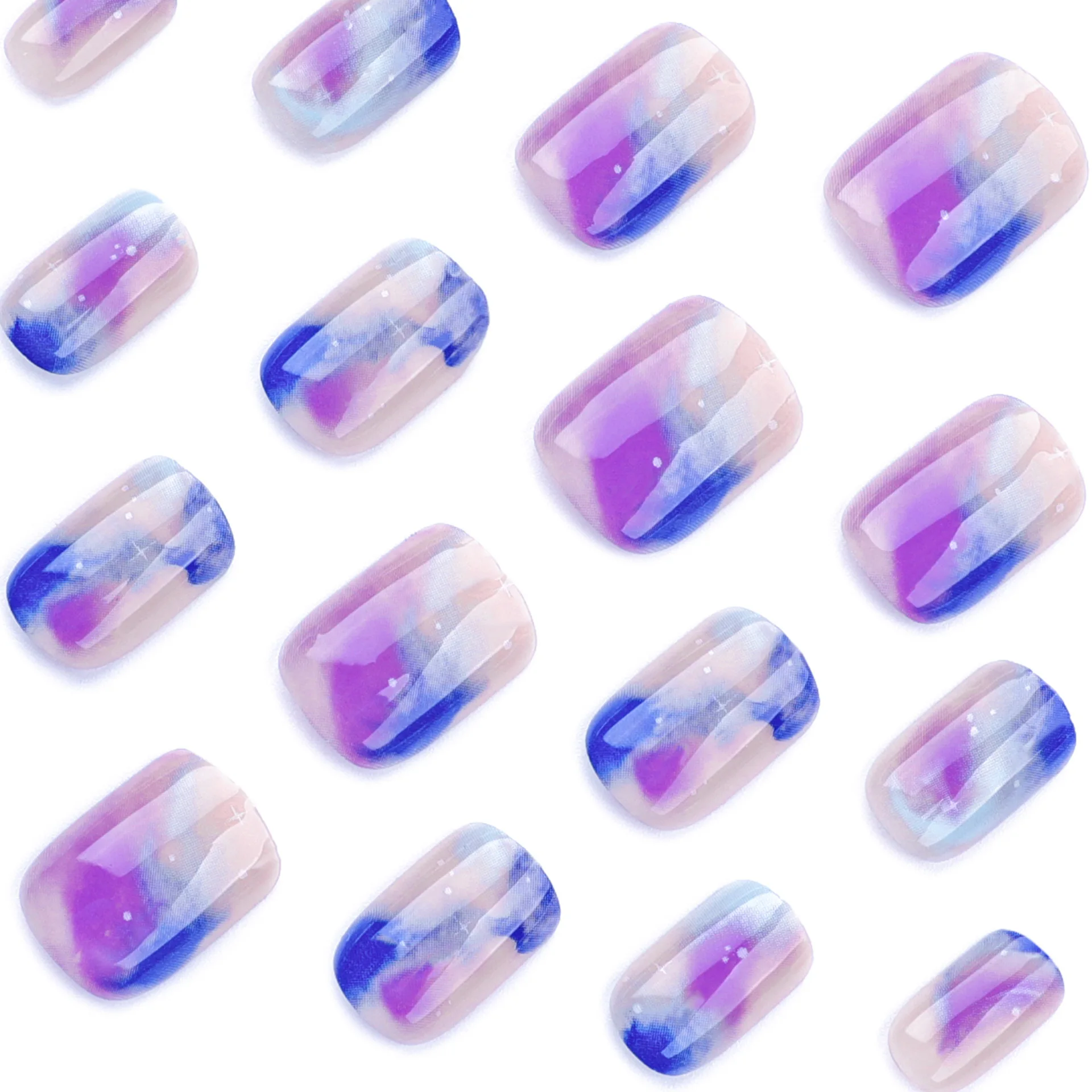 Blue Purple Halo Dyeing Starry Sky Stars Nail Art Fashion False Nails Detachable Finished Fake Nails Press on Nails with Glue