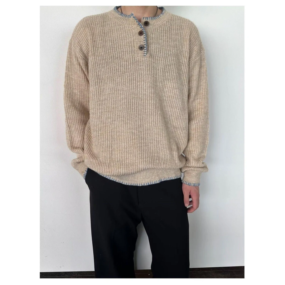 Maglione lavorato a maglia da uomo con bottoni Ne rotondi retrò Autunno Inverno oulder Drop Off-oulder Texture Casual Top Trendy Base irt