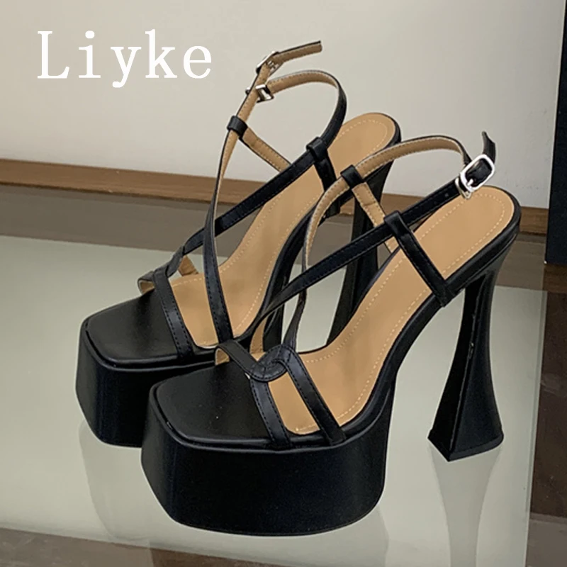 Liyke Summer Sexy 16CM Super High Heels Chunky Platform Sandals Women Narrow Band Back Buckle Strap Fashion Party Prom Shoes