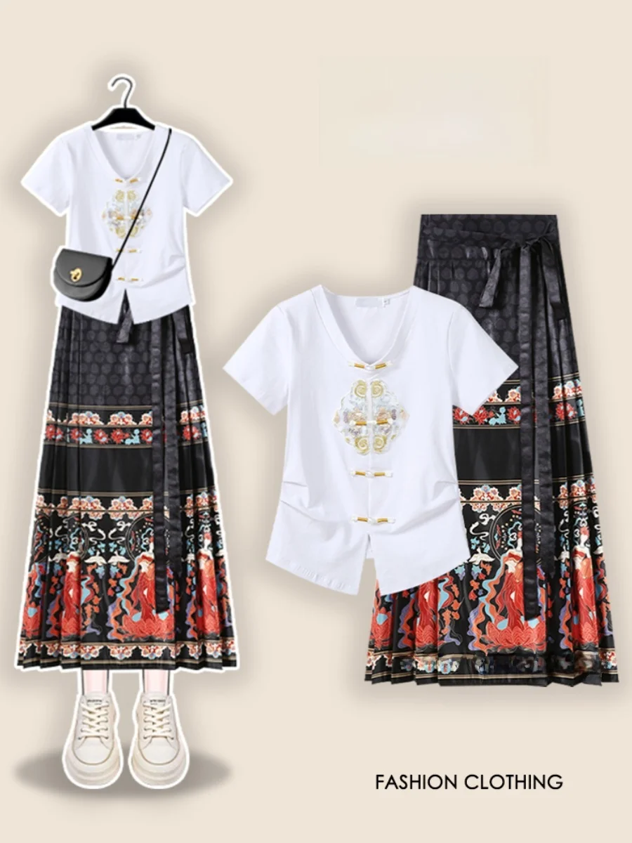 

plus Size Women's Set New Chinese Sle V-ne ort Sve Hollow out Bla Red Skirt Matching Commute Korean Sle Faion