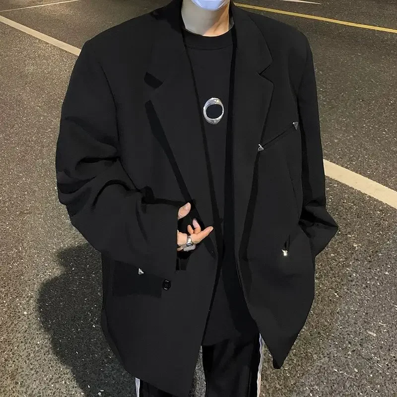 LIBIELIY American High Street Harbor Style Men Suit Coat Loose Button Cardigan Blazer Solid Color Pocket Business Jacket Men Clo