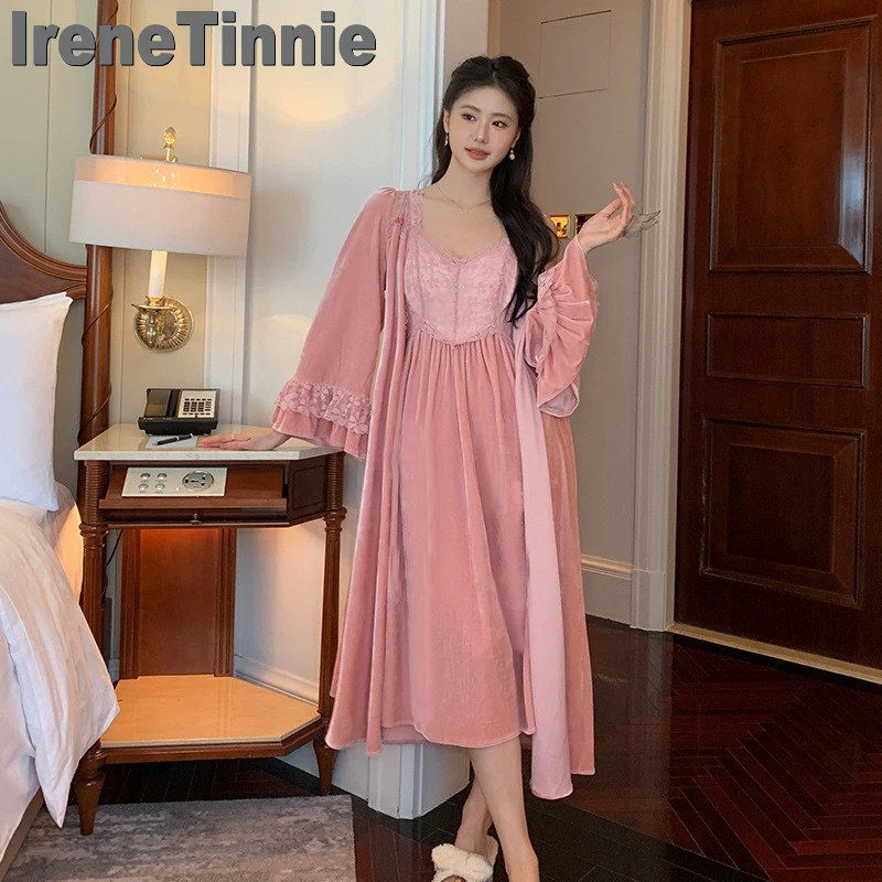 

IRENE TINNIE French Princess Style Nightdress Lace Nightgowns Vintage Velour Sleepshirt Women Winter Warm Nightdress Two Piece