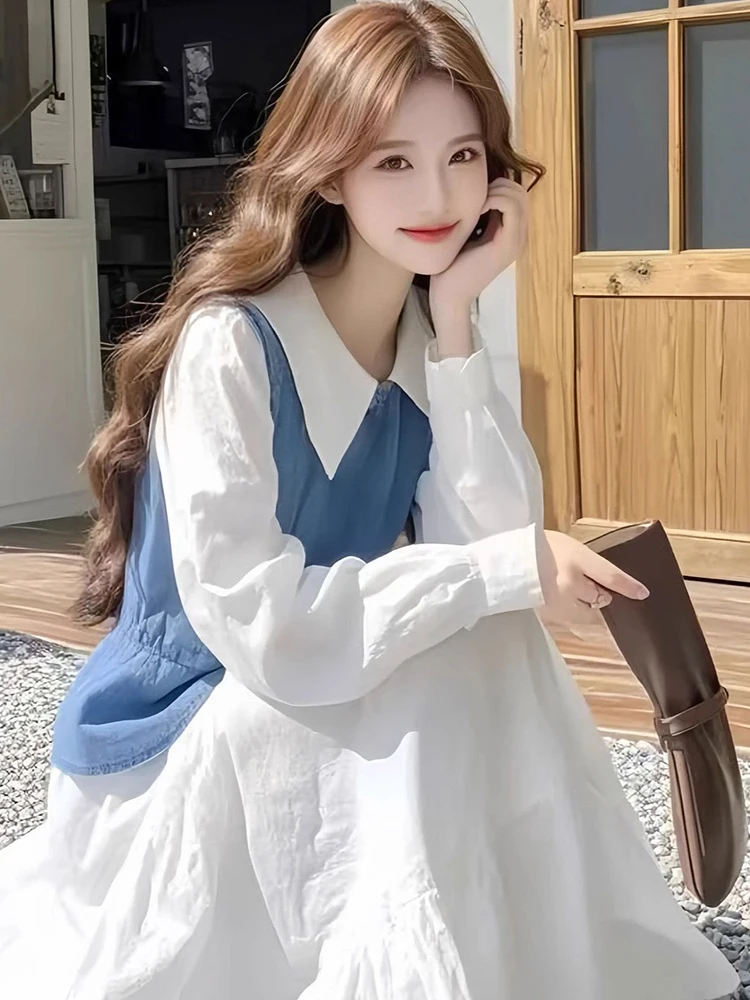 Summer Fashionable Women's Two-Piece Set Dopaamine Vest Versatile Slimming Shirt Dress Stylish Long Sleeve  Collar Button up
