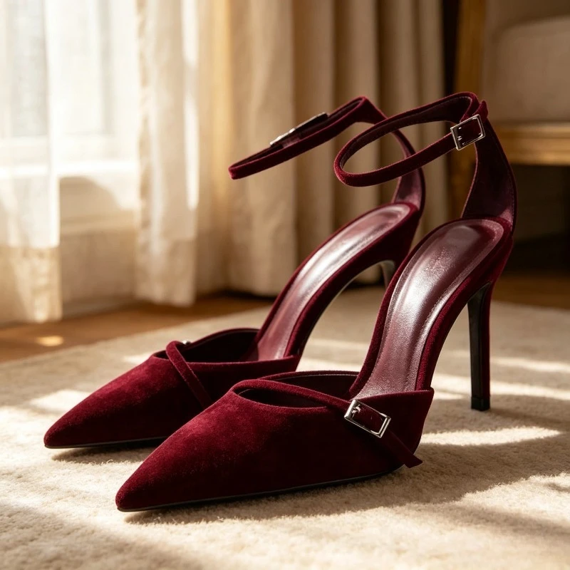 

Spring new women's shoes with velvet effect pointed temperament, lim high heels,M ü ller shoes,T-shaped buckle strap,single shoe