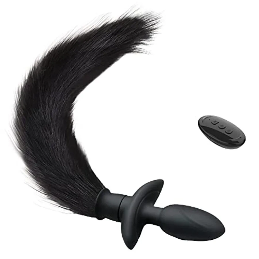 Vibrating Anal Foxtail Plug Remote Control Vibrator Butt Plug Anal Sex Toy for Men Women Couples Black