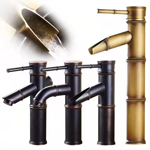 Black Bathroom Basin Faucet Bamboo Style Antique Sink Mixer Deck Mounted Single Handle Hot and Cold Water Taps