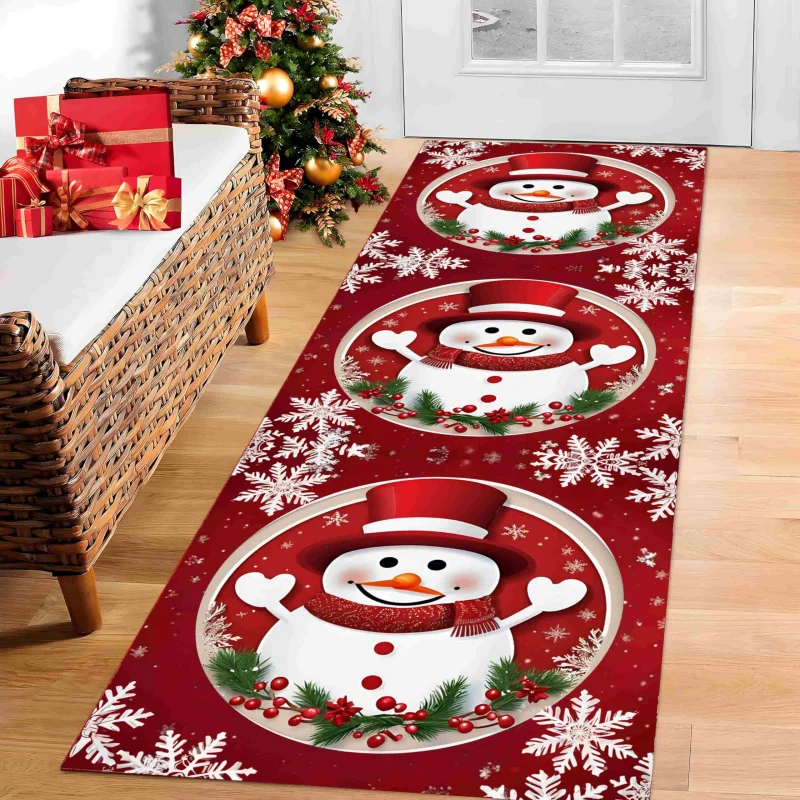 VIKAMA Merry Christmas Long Carpet Red Snowman Hat Scarf Pattern Non‑Slip Runner For Bedroom Hallway Home Decor
