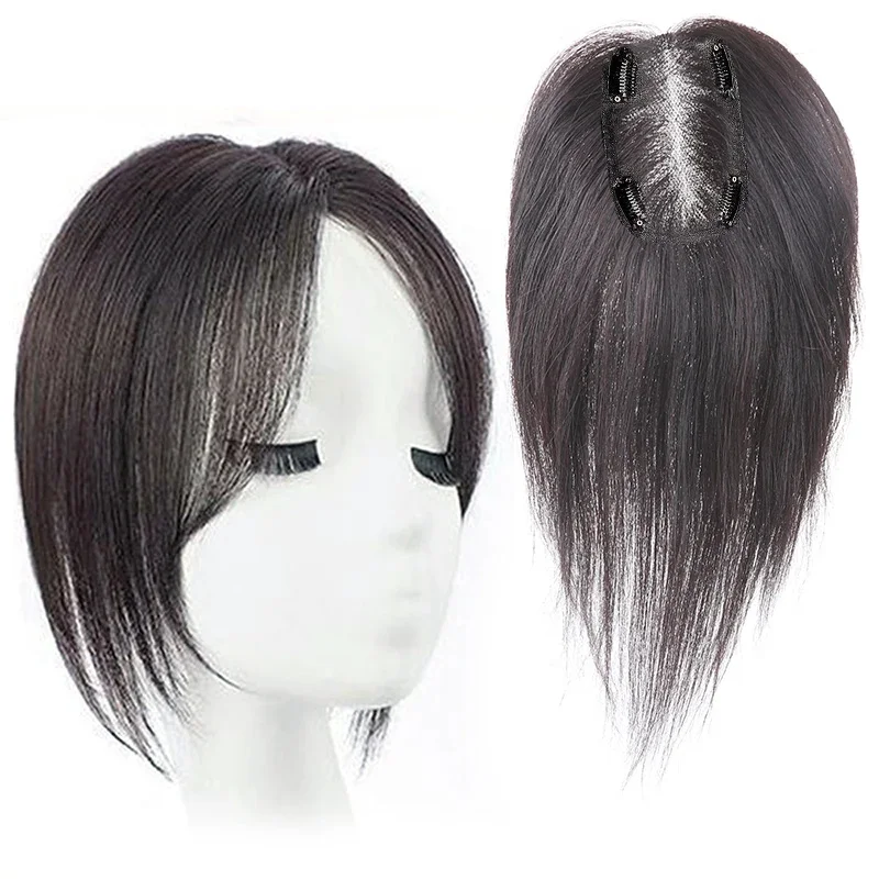 100% Human Hair Toppers for Women 25/30 CM Clips in Human Hair Bangs Fringe Hairpieces Middle Part Brown  remy