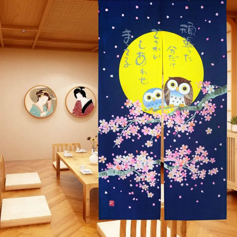Japanese Noren Door Curtain Cherry Moon Owl Bamboo Print Half Partition Hanging Bedroom Kitchen Entryway Japanese Decor