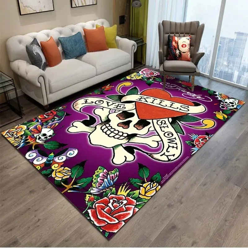 Tattoo Tiger Skull Carpet Perfect for Living Room Man Cave Coffee Table Bedroom Decor Rug 100%Polyester Felt Floor Mat Washable