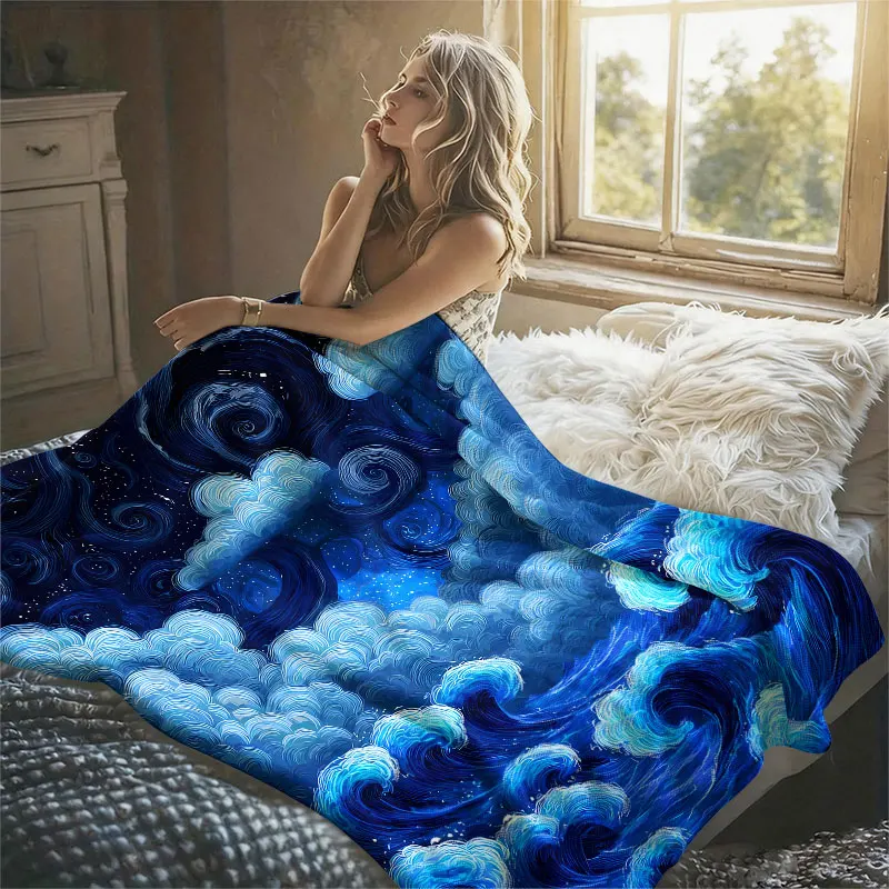 Starry Night Waves Van Gogh Flannel Blanket Perfect for Sofa Office Bed Travel Sleep Read Relax Camping Four Season Use