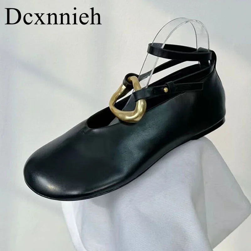 

Spring Round Toe Retro Single Shoes Women Metal Buckle Ankle Strap Shallow Mouth Flat Shoes Soft Sole Comfortable Ballet Shoes