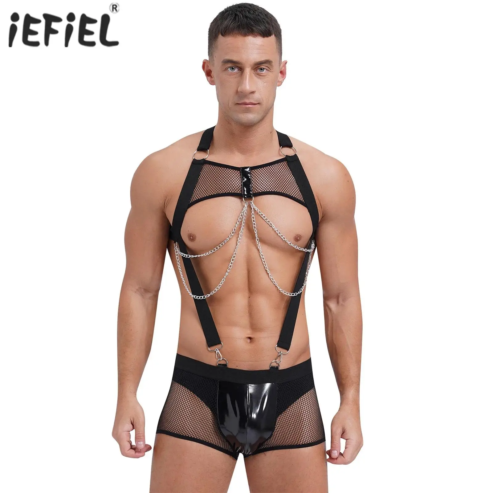 Mens See Through Fishnet Wrestling Singlet Sexy Bodysuit with Chain Chest Chained Harness with Glossy Pouch Bulge Trunks Shorts