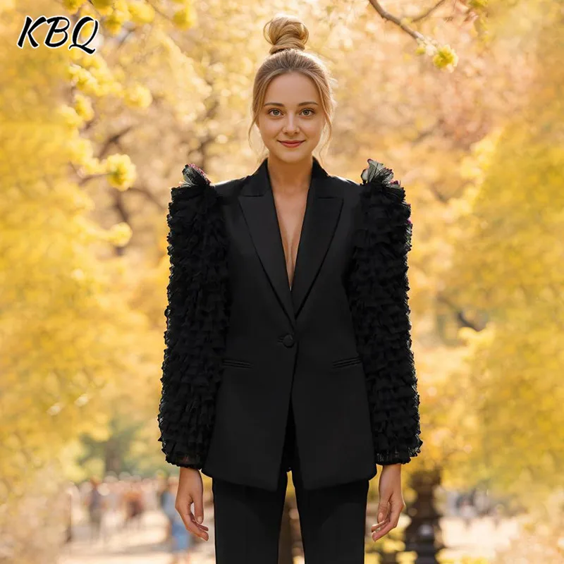 

KBQ Folds Solid Coats For Women Notched Collar Patchwork Button Loose Casual Spliced Mesh Blazer Female Spring Clothing Fashion