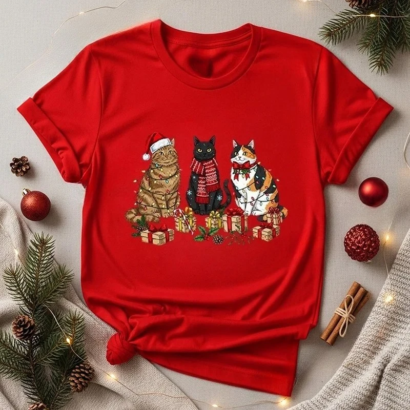 

Милые кошки с шляпой Санта-Клауса, футболки с принтом для женщин, одежда унисекс, футболки с рождественским дизайном Meowy, одежда с Новым годом