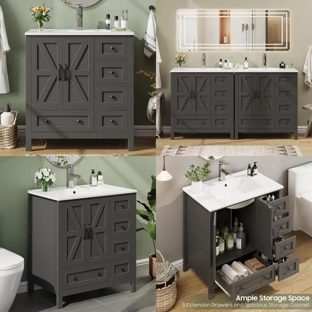 

vintage-style freestanding bathroom vanity combo with sink, 5 drawers and 2 doors storage