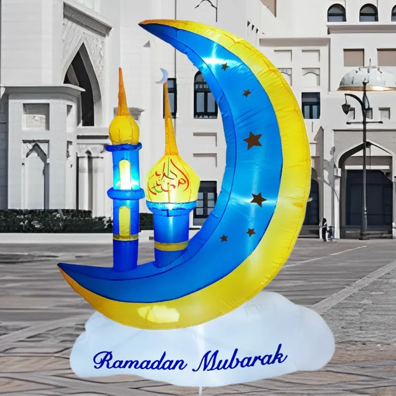 Ramadán musulmán/sslamico, juguetes inflables de 1,5 M/5 pies, luces LED de Castillo de Luna azul y amarillo, decoraciones Eid Mubarak para celebrar el enganchar
