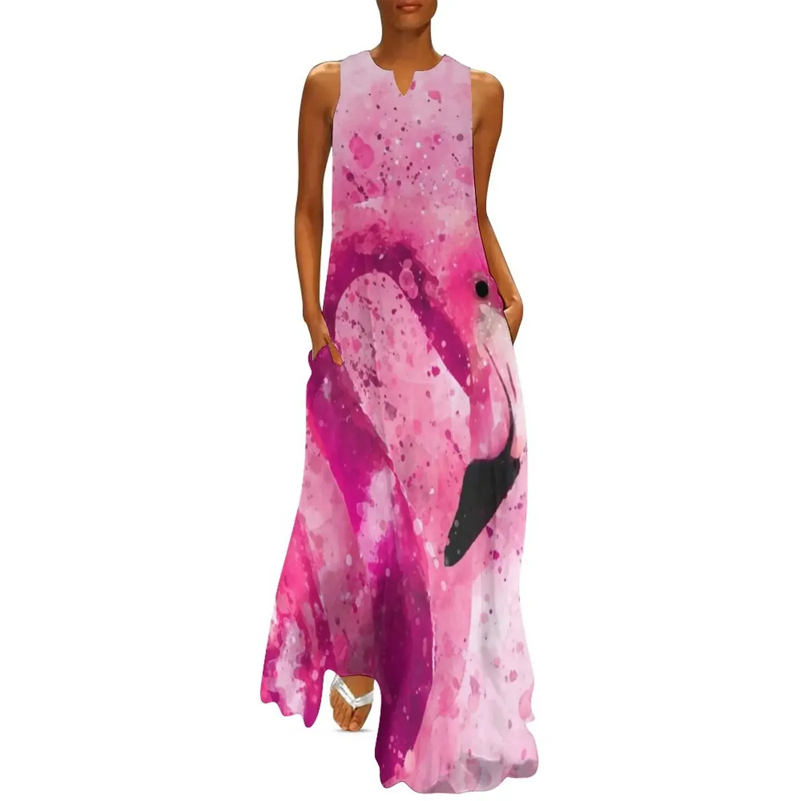 

Dramabite Flamingo Pink Watercolor Painting Gift Wife Girlfriend Artsy Artistic Bird Animal Long Dress