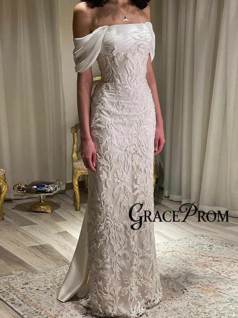 

Luxury Embroidered Beaded Mermaid Evening Dress Delicate Off Shoulder Satin Prom Gown For Wedding Guest Gala Party Customized