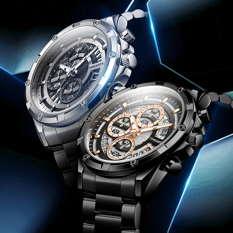 タイムアートx 5430 高品質ファッションステンレススチール防水クォーツ腕時計 メンズ スチールバンド デジタルスケール スリーアイウォッチ