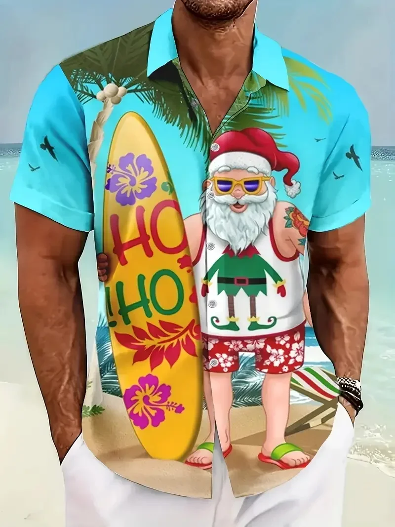 Summer Button Vacation Shirts 3D Print Christmas Themed Santa Claus Graphic Beach shirts Men's Short Sleeve Lapel Hawaiian Shirt