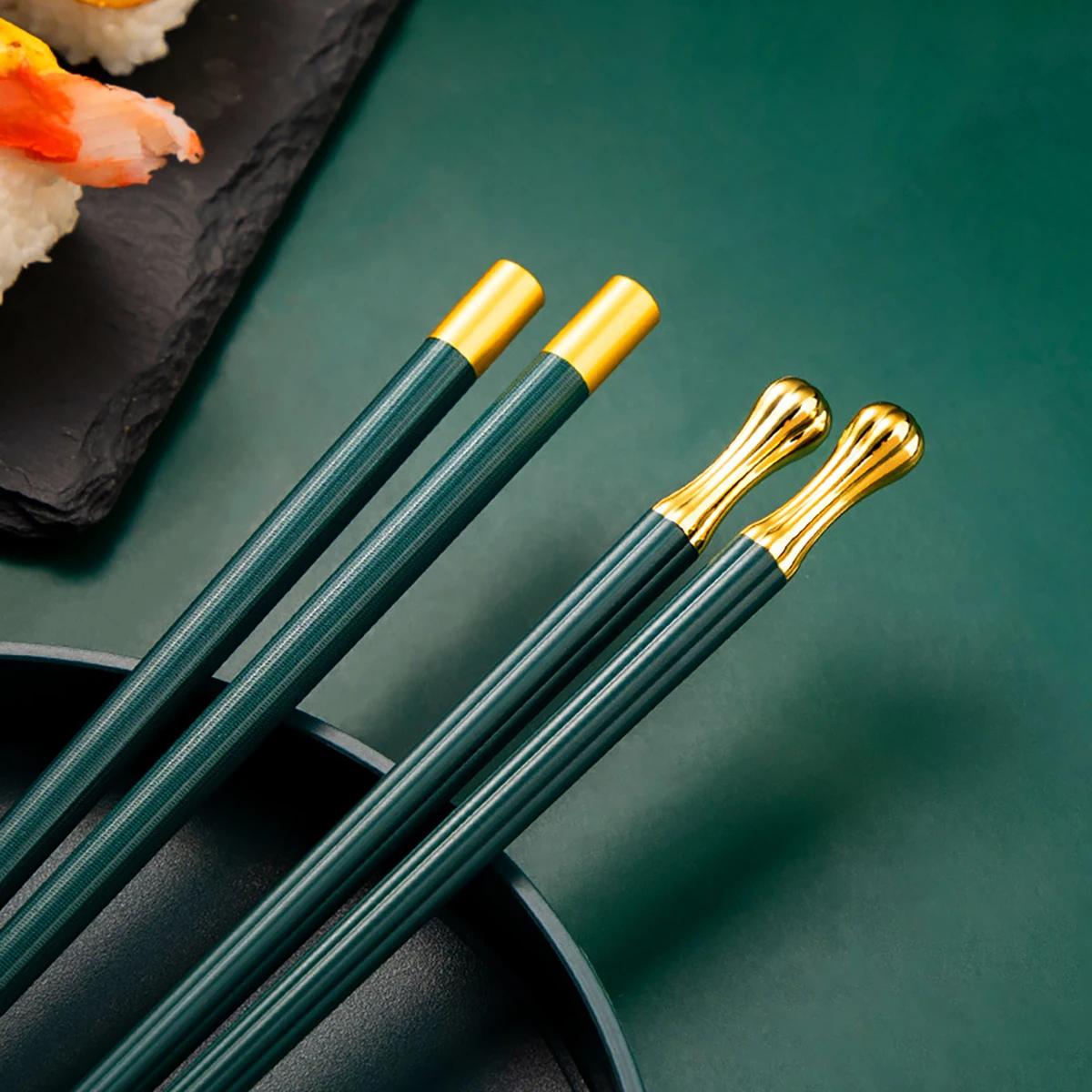 5 Pairs Green Gold Alloy Chopsticks Set Non-Slip Sushi Chopsticks Set Reusable Chinese Chopsticks Home Kitchen Dinnerware Set