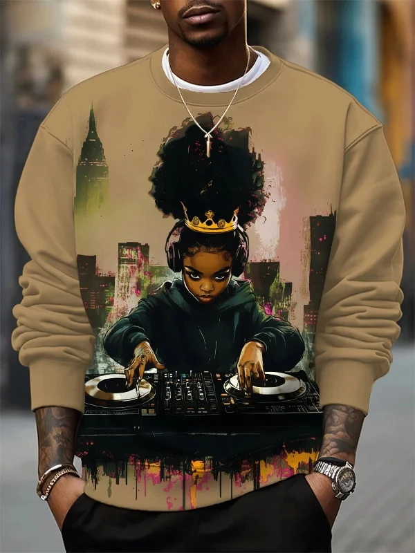Men's Sweatshirt 3D Art Music DJ Graphic Long Sleeve Print T-Shirt Loose Crew Neck Hoodie Large Size Men's Clothing Tops