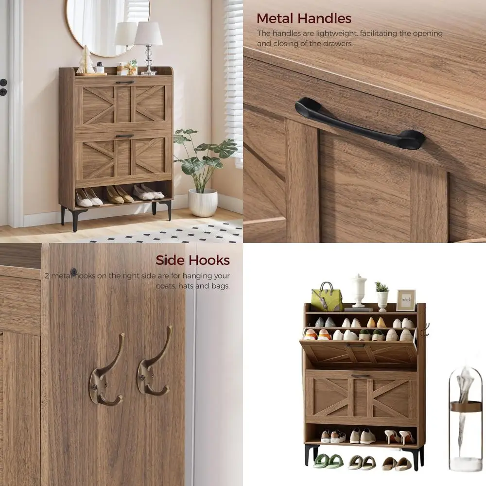 

Отдельностоящий органайзер для обуви из орехового дерева с двумя ящиками и открытыми полками для хранения в прихожей