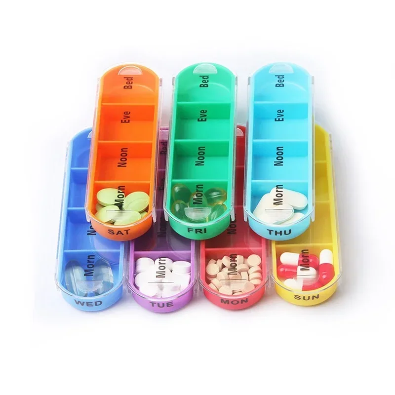 

Portable Weekly 7 Days Pill Box Colorful Design Stackable 4 Times a Day Medicine Storage Dispenser/Plastic Pill Organizer Boxs