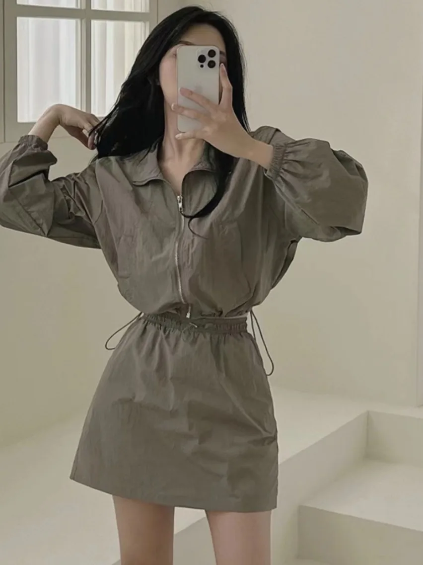 

Chic Summer Casual Versatile Long Sve Dstring Slim Fit Jaet High Waist Skirt Set Faionable Outerwear Ensemble