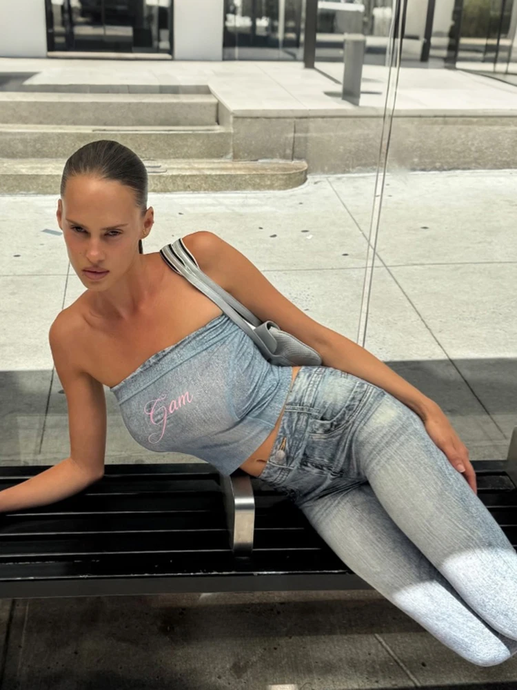 Sisterlinda Sexy 2 Piece Set Woman Fake Denim Letter Print Wrap Chest Backless Tank Tops+Elastic Waist Crop Pants Fashion Suits