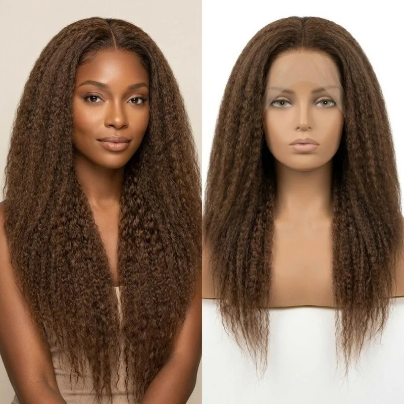 

22 Inch 13x4 Lace Front Brown Kinky Straight Synthetic Wig, Pre Plucked Hairline, Natural Fluffy Heat Resistant Fiber for Women
