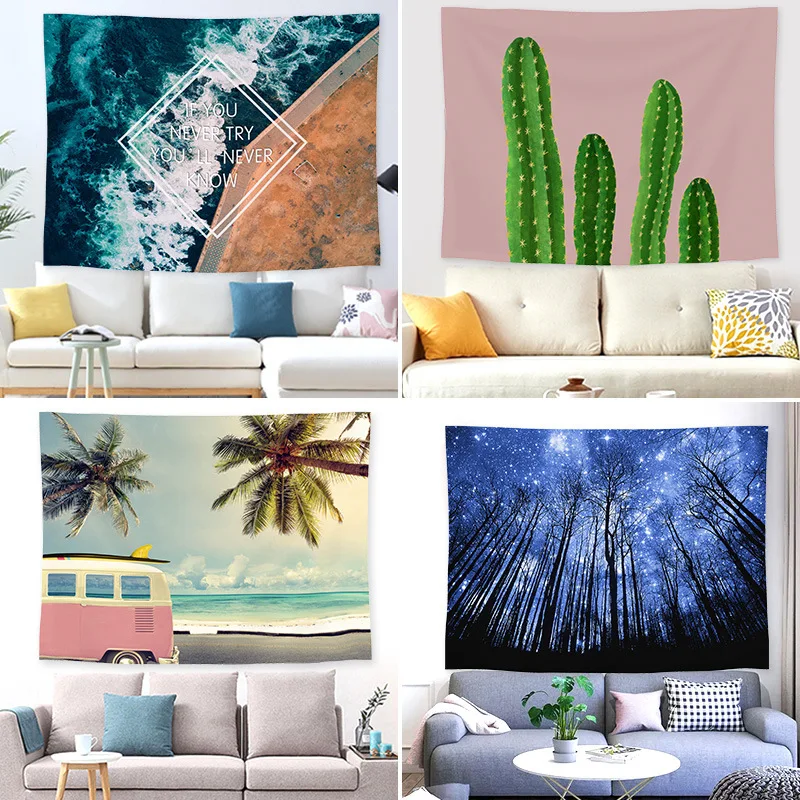 VIKAMA Bohemian Beach Wandteppich, Kaktus, Bus, Sternenhimmel, Wald, Druck, Wandbehang für Schlafzimmer, Wohnzimmer, Dekoration