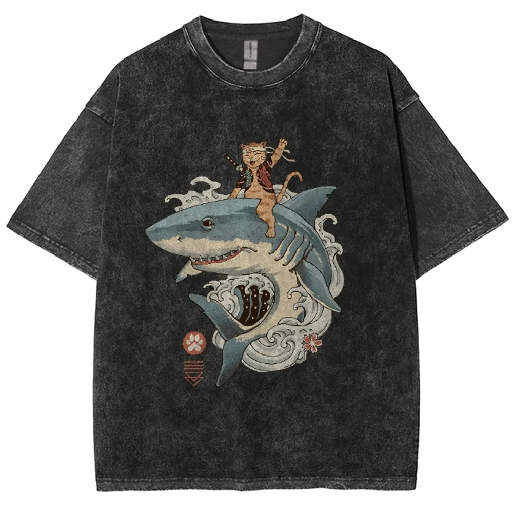 

Ukiyoe Cat And Shark Cartoon Y2K Washed T-shirt, Oversized Streetwear Vintage Washed Surf T Shirts For Men Women top tee