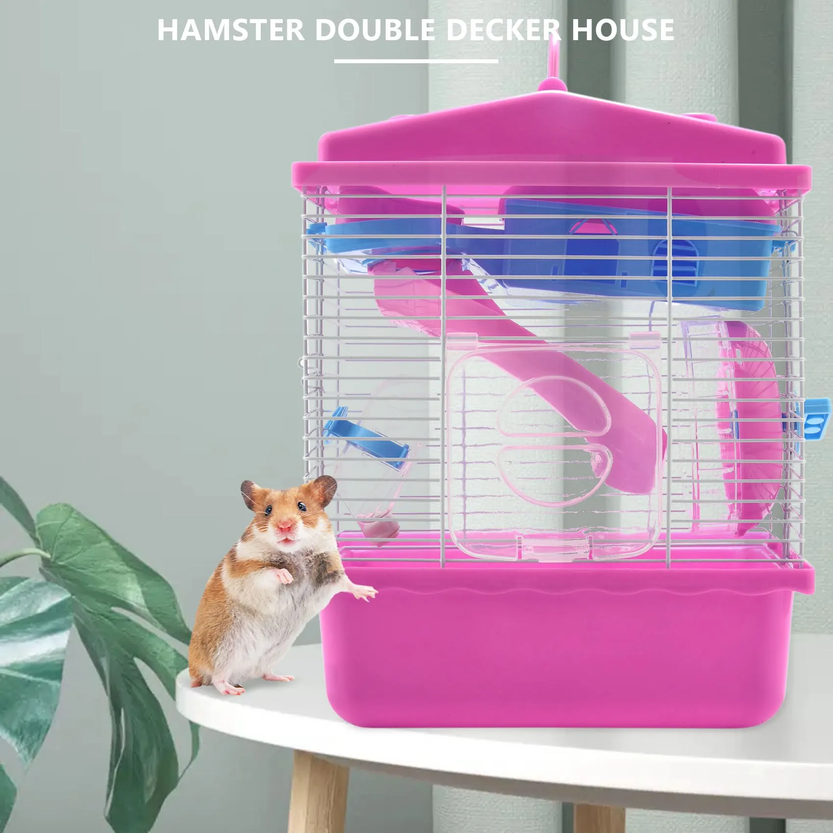 Pet Cage Hamster Cottage with Transparent Skylight Double Layer House for Hamster Golden Hamster Pet Pink