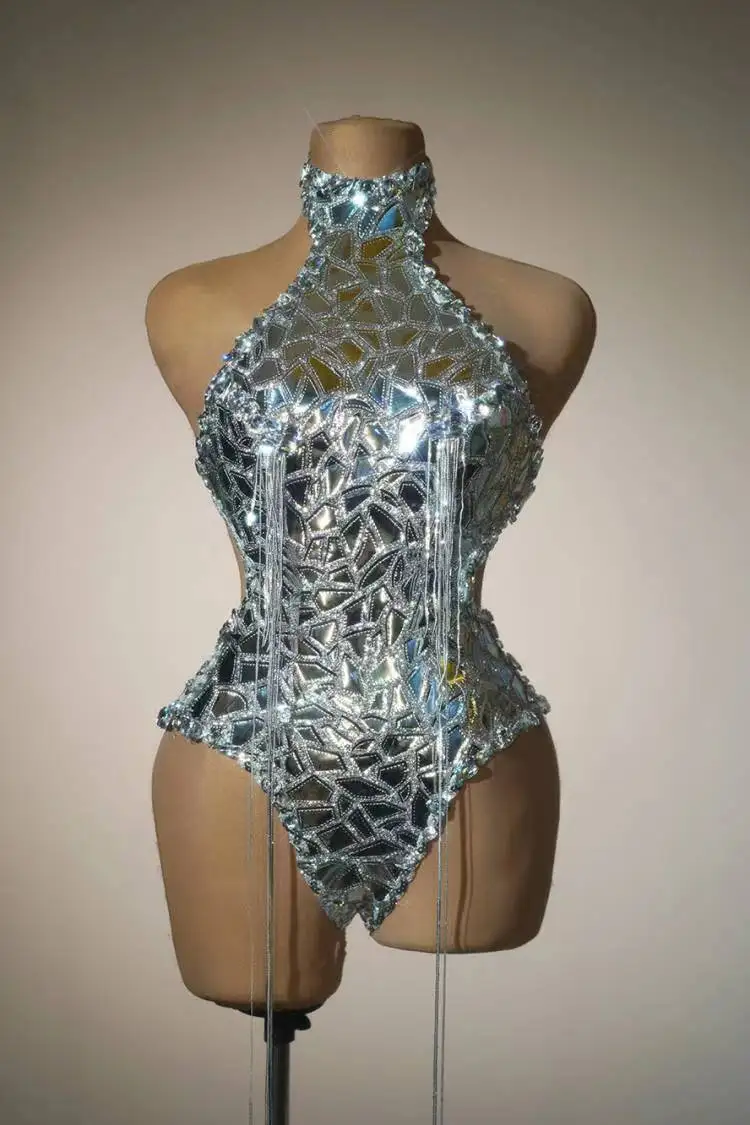 Shina-body con espejos plateados y diamantes de imitación para mujer, traje de baile en barra con Espalda descubierta, disfraz de DragQueen,