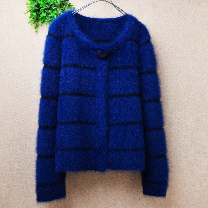 Ladies Women Fall Winter Clothing Blue Hairy Angora Rabbit Hair Knitted Long Sleeves Short Style Loose Cardigans Jacket Sweater