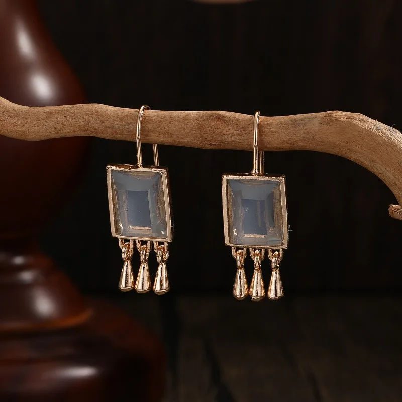 Dazzling Gold Color Square Whhite Stone Earrings Dangle Earrings for Women Jewelry