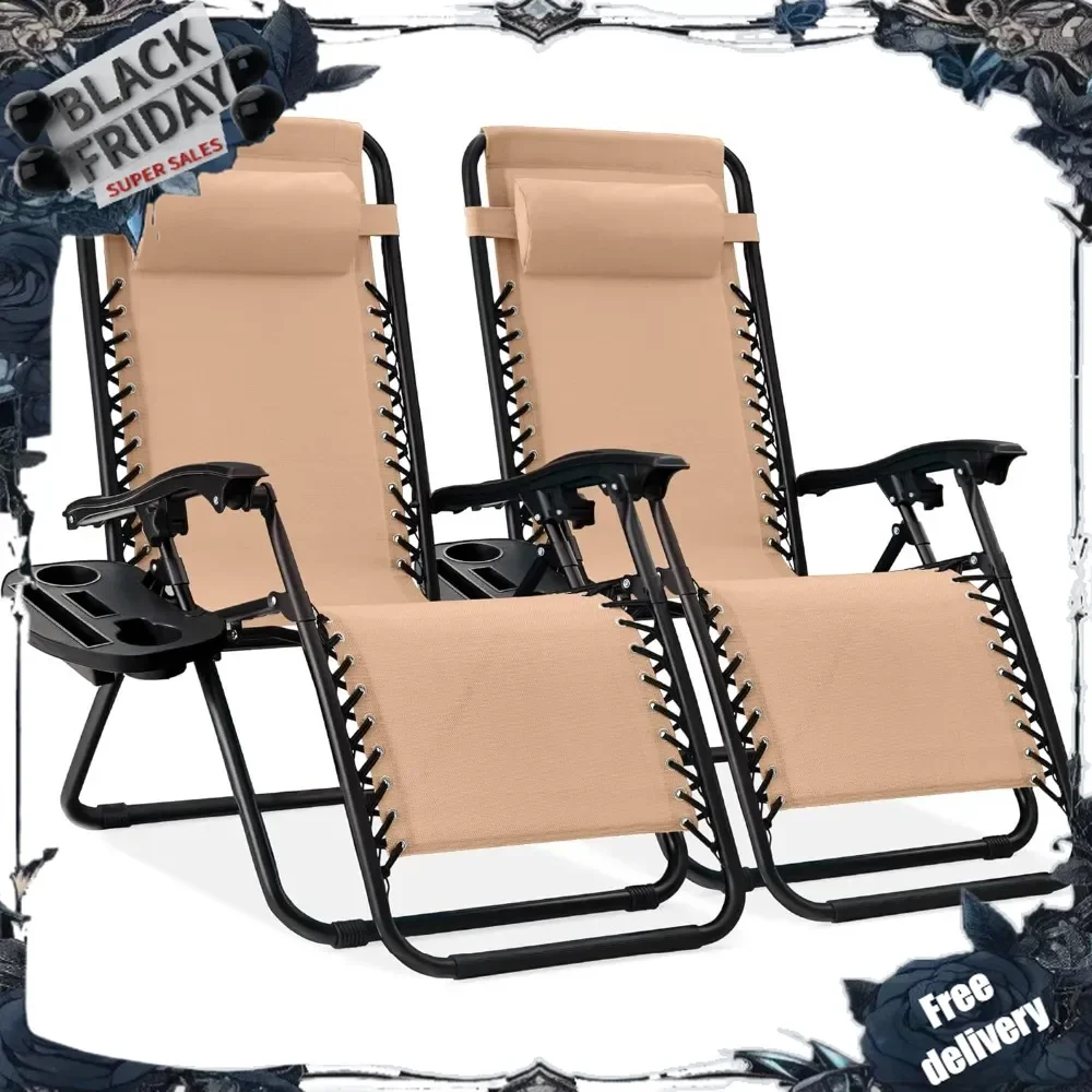 

Set of 2 Adjustable Steel Mesh Zero Gravity Lounge Chair Recliners w/Pillows and Cup Holder Trays