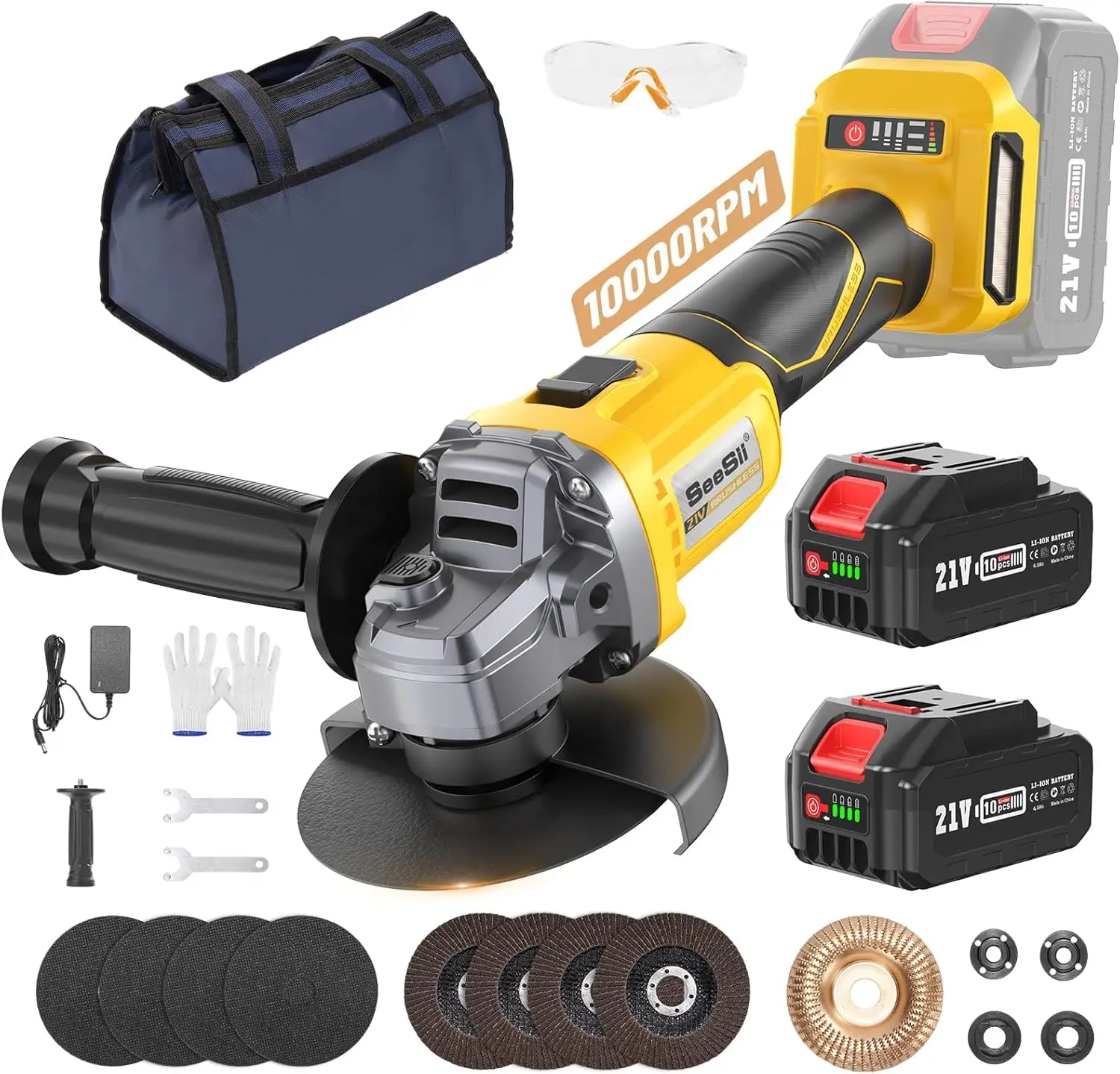 

Seesii Brushless Angle Grinder 10000RPM Cordless Electric Metal Grinder 2x4.0Ah Batteries for Precision Cutting & Grinding