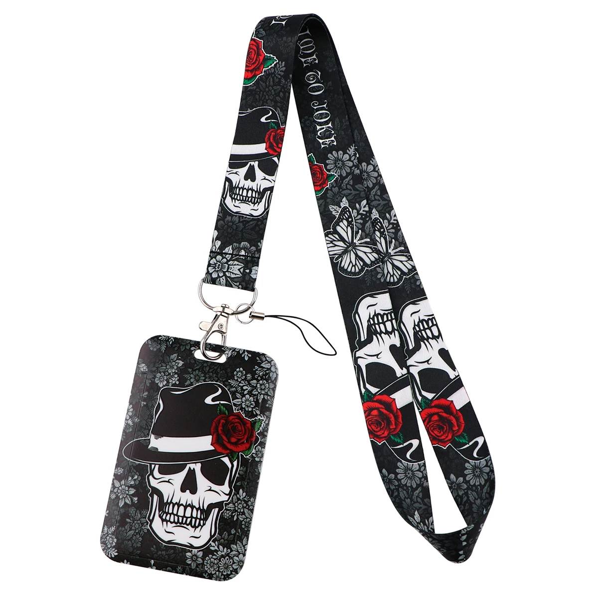 

Скелеты и розы, шейный ремешок, держатели для удостоверения личности автобуса, черные ремешки, брелок для ключей, держатель для студенческого значка, веревка, ремешок-лариат