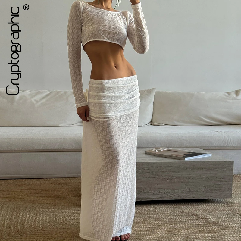 

Cryptographic Elegant Ruched Sheer Hollow Out 2 Piece Sets Outfits Long Sleeve Cropped Top and Maxi Skirt Women's Sets Suits