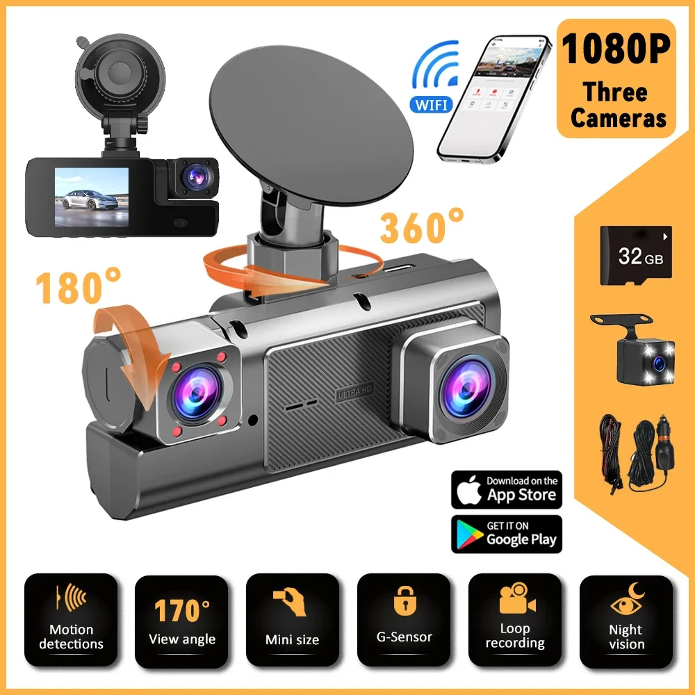 

Dash Camera Car HD 1080P 3 Camera Drive Recorder Buit-in WIFI 360° All Sides Car Camera Night Vision Dash Cam for Car 24h Monito