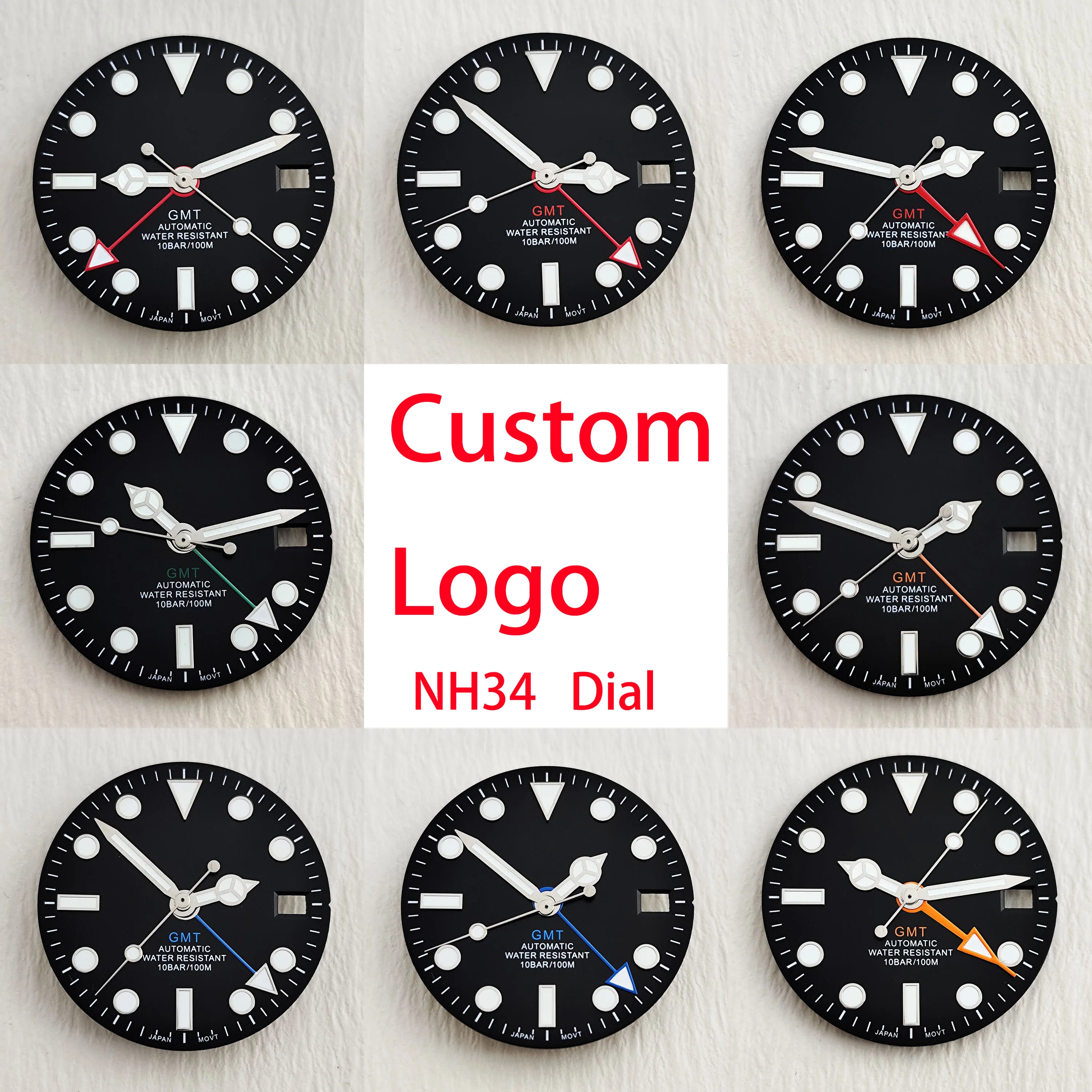 Dial 28.5mm custom logo dial GMT four pointer green night light watch dial suitable for N H 3 4 movement watch accessories rep